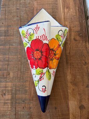 Vintage Spanish Wall Pocket Vase Hand-Painted Floral Ceramic Decor Artisan